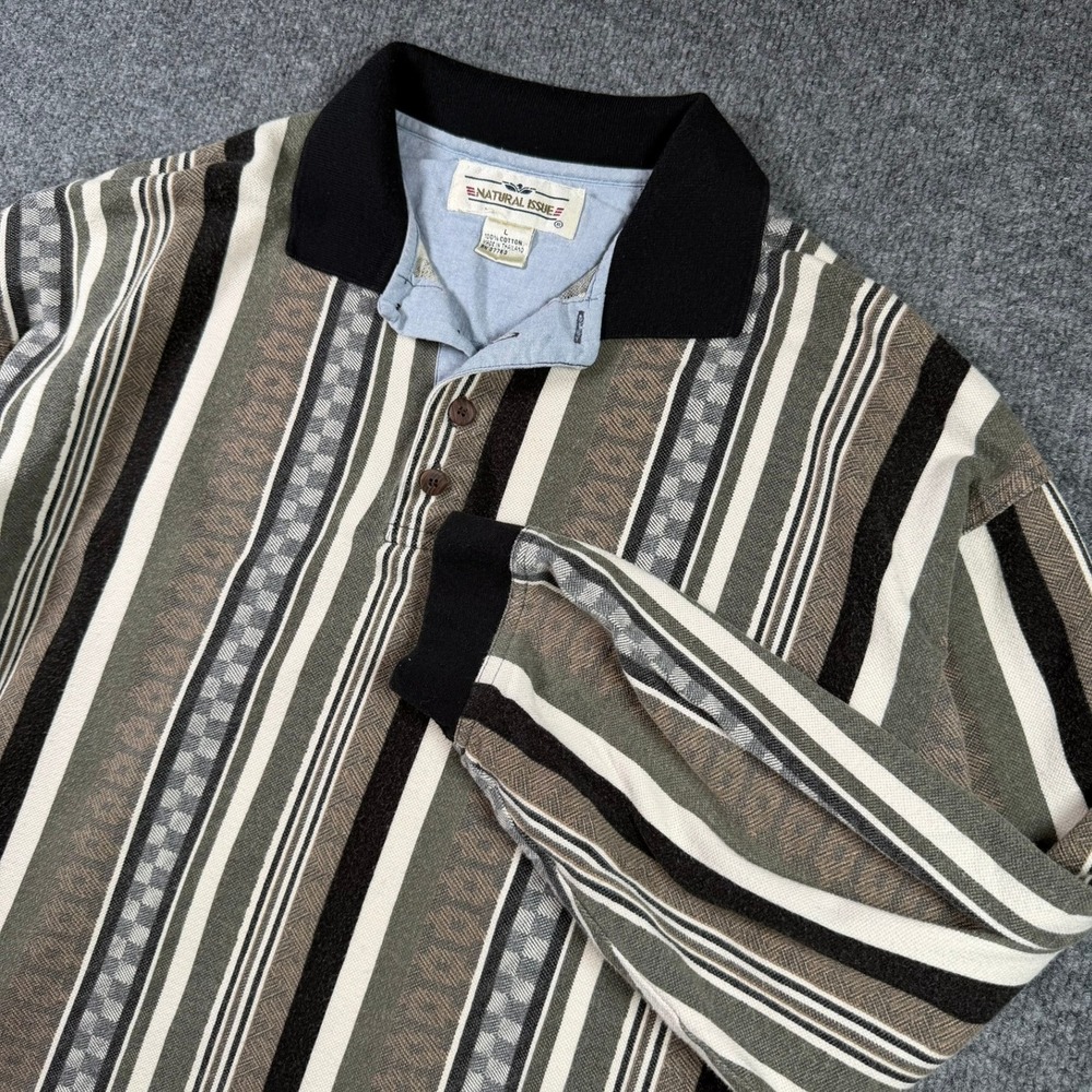 Natural Issue Polo Shirt Mens Large Green Brown Vertical Stripe Long Sleeve